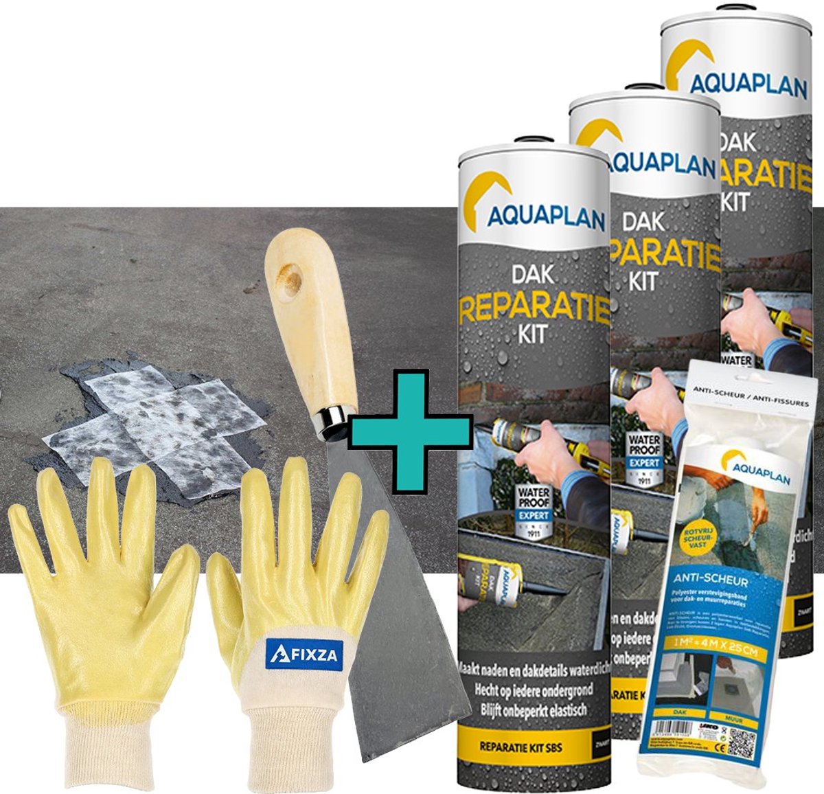 Aquaplan Dak-Reparatie - set -Kit – Waterdichte Elastische Dakreparatie Pasta voor Bitumen Dak en Dakgoot - 930 ml