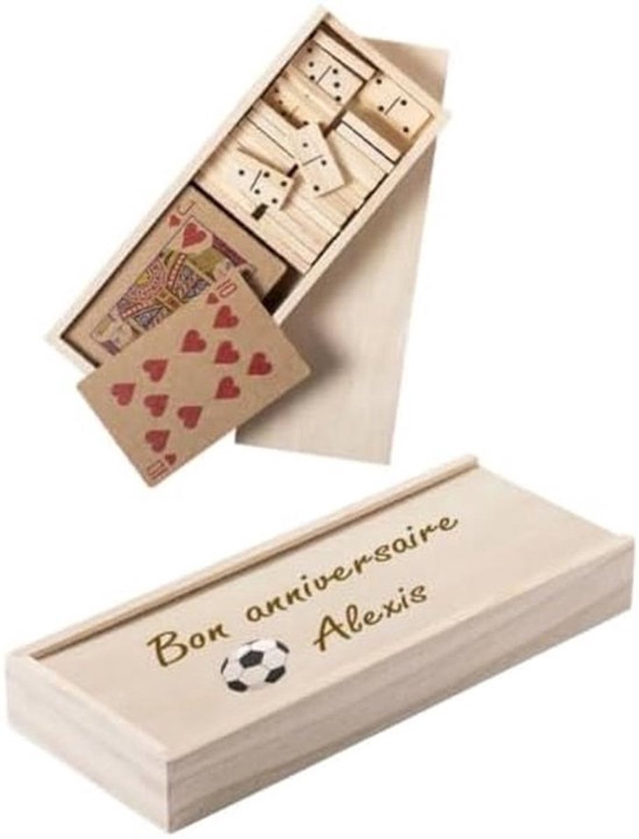 Houten speelkaarten en dominostenen set in personaliseerbare geschenkdoos