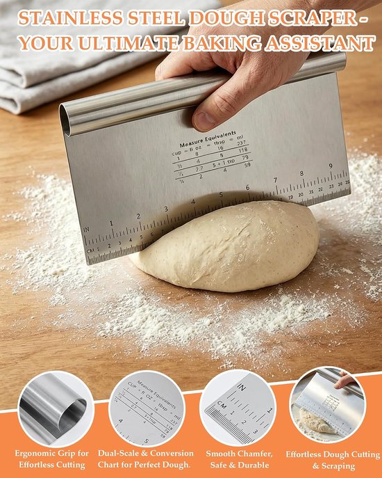 Deegschraper van roestvrij staal met meting, 22 x 12 cm, deegsnijder voor taarten, cakes, pizza, taarten, dough — afbeelding 4