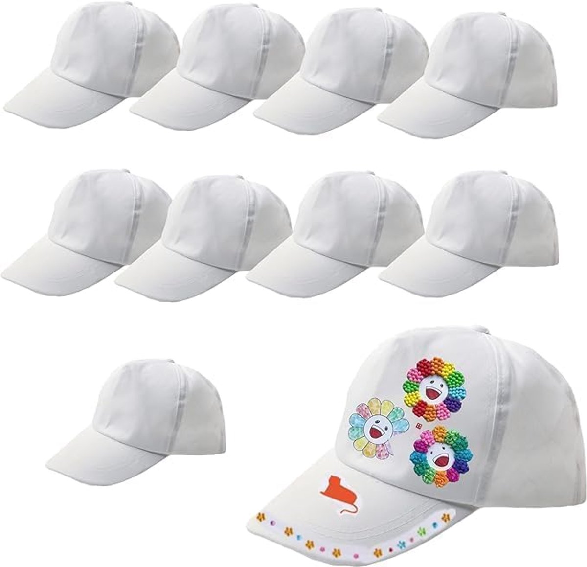 Set van 10 witte baseballpetten, doe-het-zelf set voor kinderen, volwassenen, outdoorsporten, familie en interactieve activiteiten