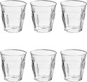 Six verres Duralex transparents avec une surface ondulée et côtelée.