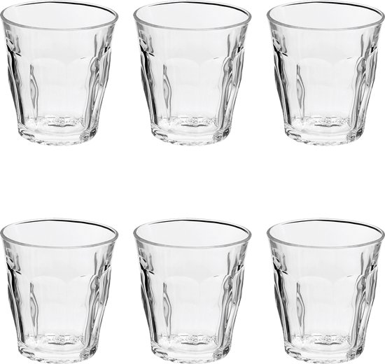 Six verres Duralex transparents avec une surface ondulée et côtelée.