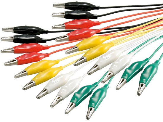 Dix cables de test avec pinces crocodiles rouges, jaunes, blanches, vertes et noires, longs de 0,5 mètre.