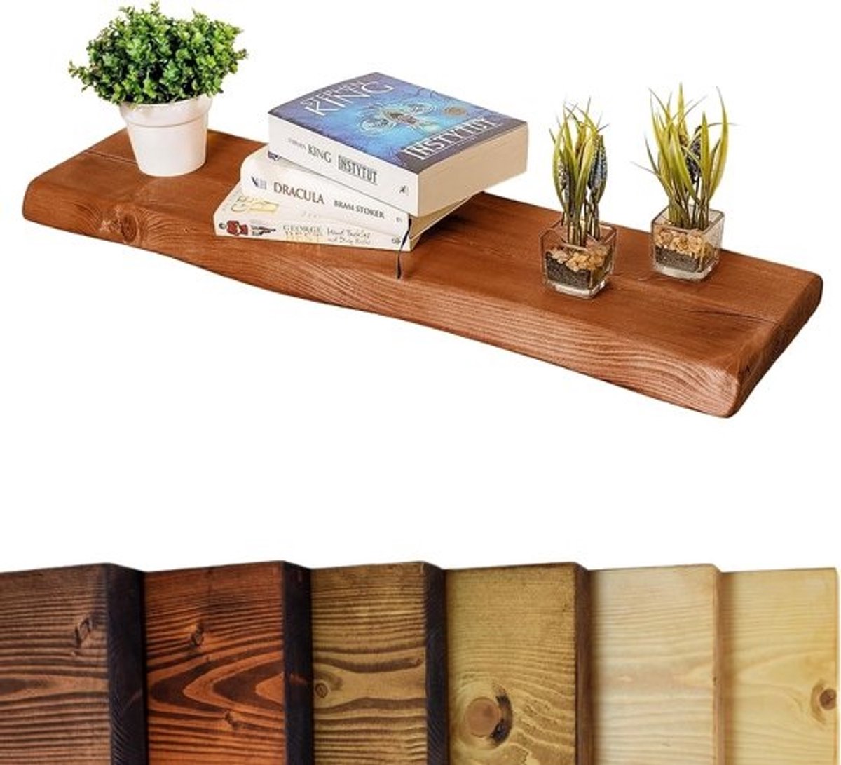 Waney Live Edge Zwevende Plank Massief Grenen Donker Eiken Afwerking 80cm