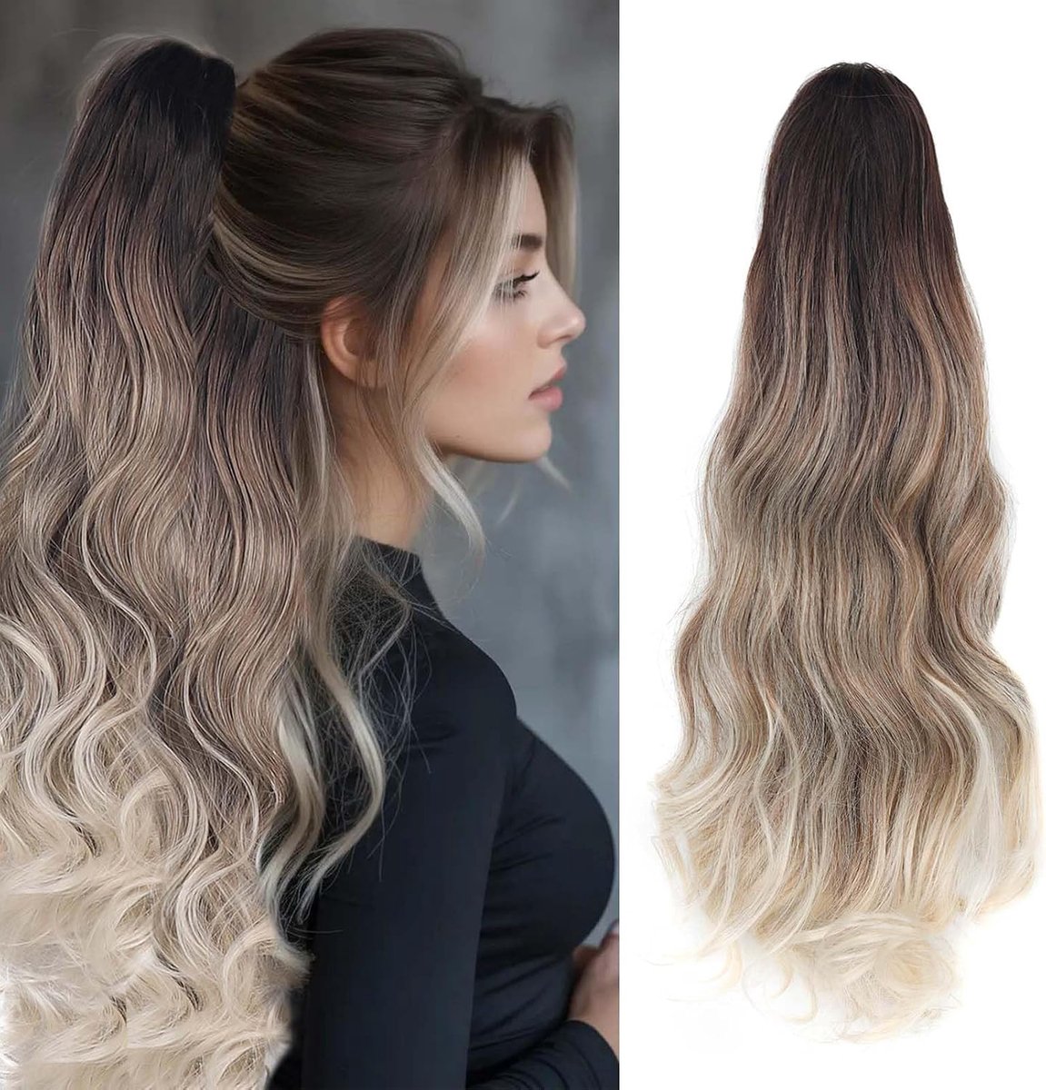 Haar Extensions Vlecht Haardeel Clip in Paardenstaart Extensions Klauw Paardenstaart Haarverlenging zoals Golvend Krullend Kunsthaar Lang, Brons Ombre Platina Blond gemengd met Brons