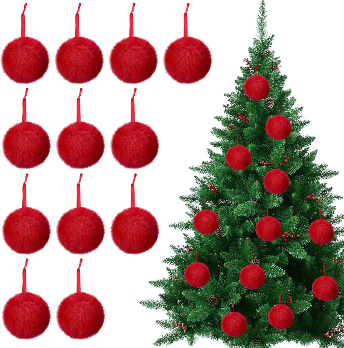 rood, 12-delige kerstballenset, rode kerstballen, kleine pompons met hangend koord, voor bruiloft, verjaardag, Kerstmis, feest, decoratie