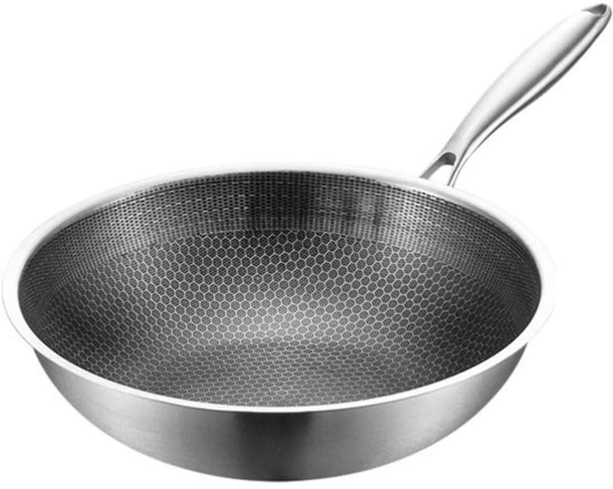 Roestvrijstalen Wok - Chinese pan - Roerbakken - Antiaanbaklaag - 32 cm Diameter - Zilverkleurig