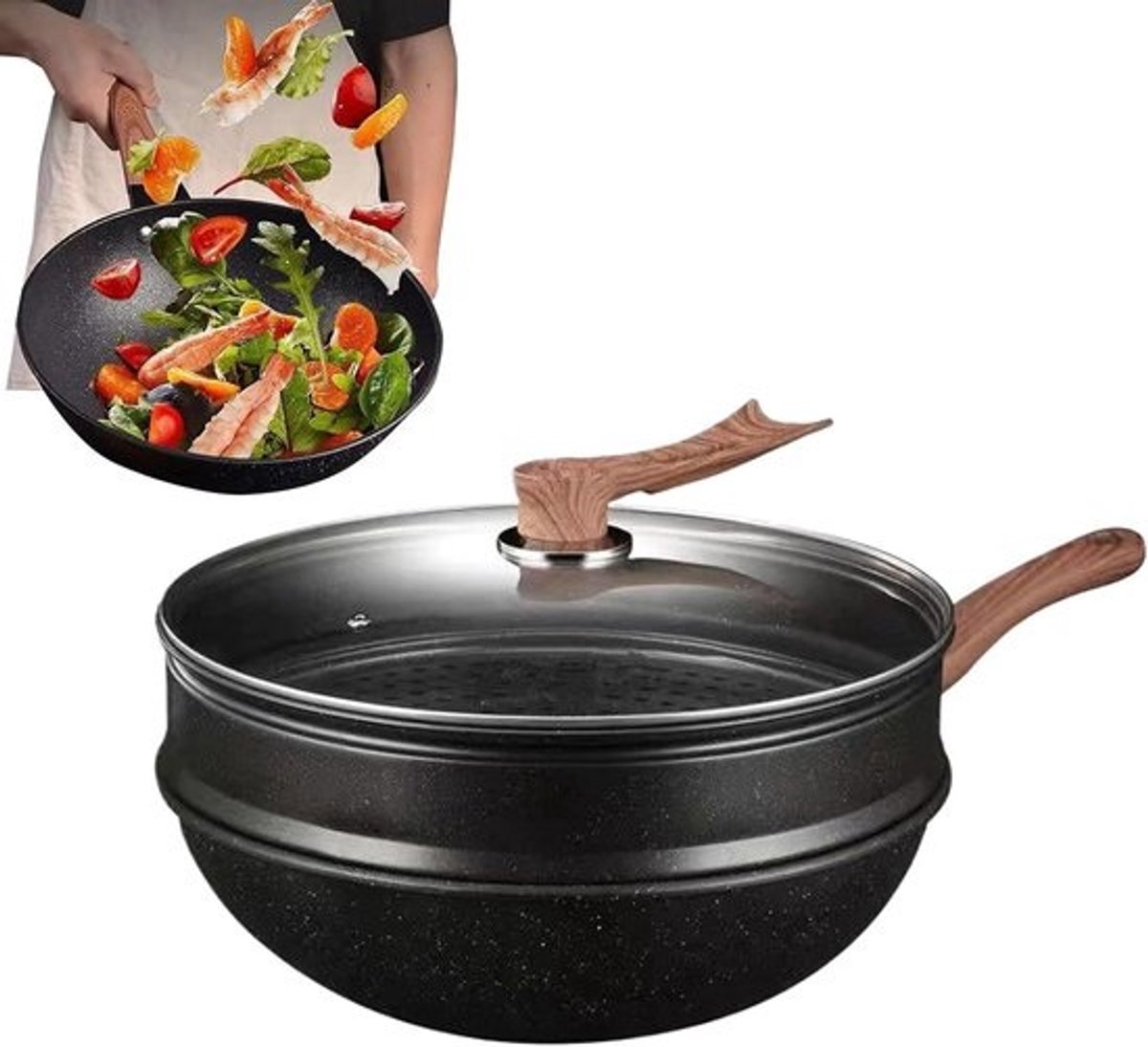 Wokpan Met Deksel - Roerbakpan Braadpan - Kamperen Koken - Inclusief Stoommandje - 32 Cm Diameter