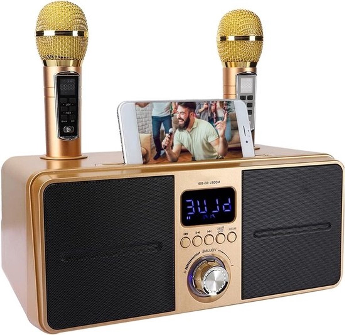 Karaokemachine met microfoons - Draagbare geluidsinstallatie - Feestelijke zangavonden - Helder stereogeluid - 36 x 20 x 20 cm - Goud