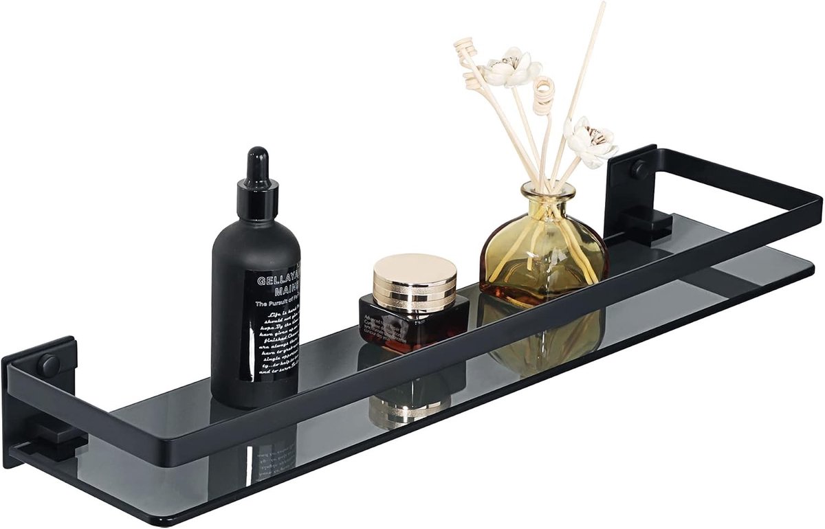 Badkamer Glazen Plank - Douche Plank in Mat Zwart - Ruimtebesparende Badkameroplossing voor Organisatie en Decoratie