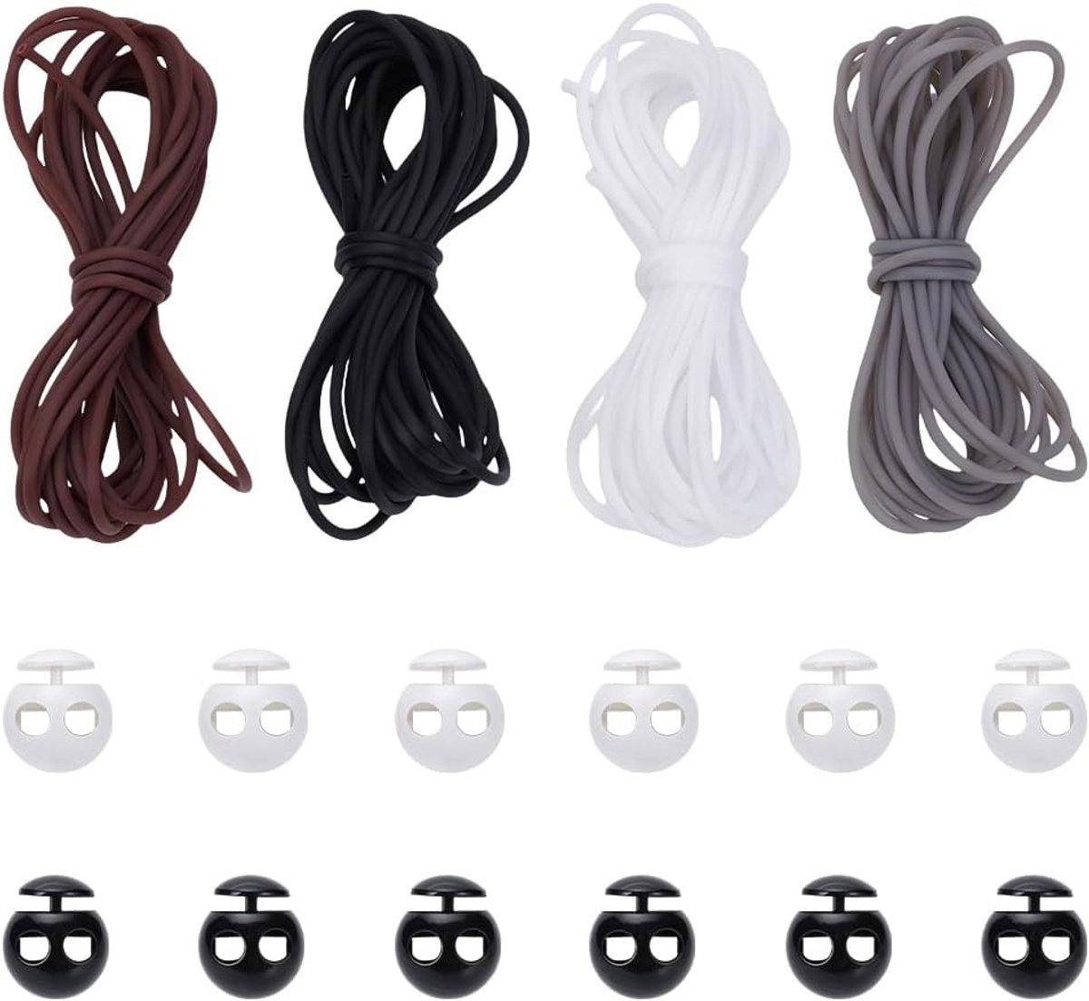Koordblokkeerset, 12 m, 4 kleuren, gebreid koord van synthetisch rubber, hol met 24 vergrendelingen, kunststof koorden in 2 kleuren voor armbanden.