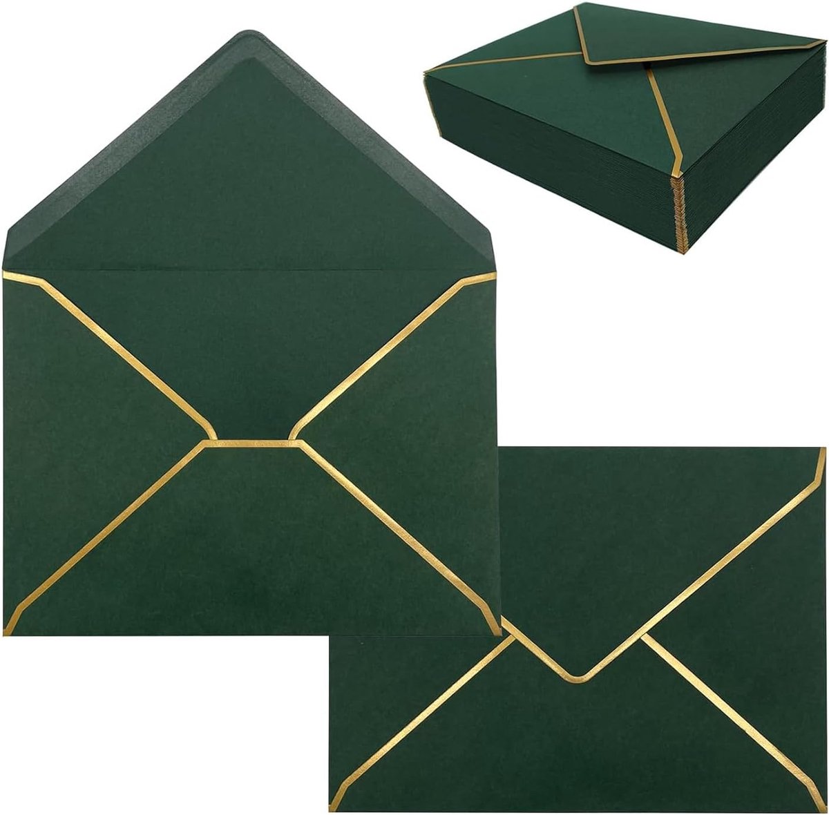 30 stuks A7 enveloppen voor uitnodigingen, 13 x 17 cm, zelfklevende enveloppen met V-klep met gouden rand voor afstuderen, huwelijk, wensen (groen)
