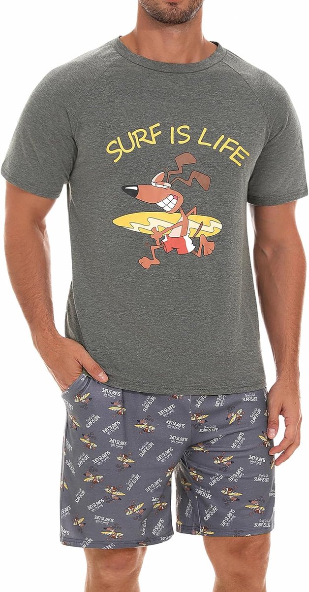 Pyjama heren katoen lichte pyjama heren met print korte pyjama heren met korte mouwen pyjama heren zomer tweedelige pyjama met trekkoord en broekzakken
