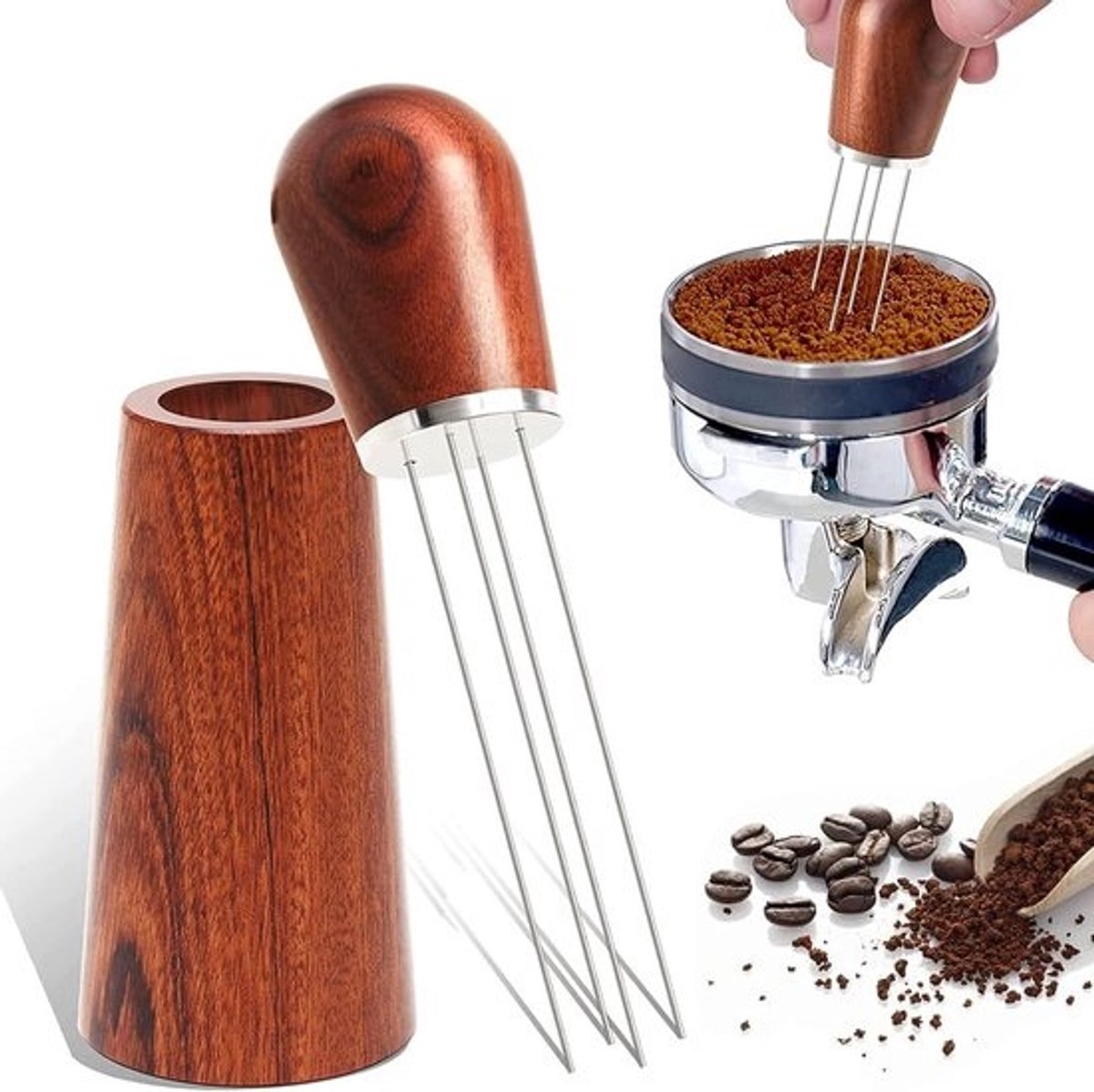 Koffie Roerder - Espresso Naalden - Espresso Bereiden - Met Houten Sokkel - 4x 0.7mm - Houtnerf