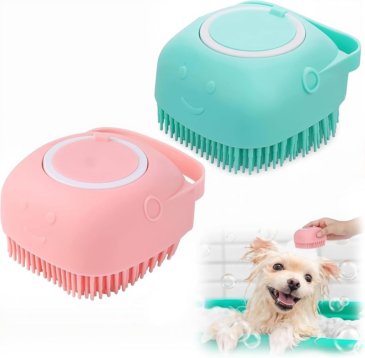 Set van 2 Hondenborstels, Dierenbadborstel met Shampoohouder, Massager voor Gevoelige Huid en Geschikt voor Alle Huisdieren