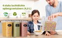 Een vader en dochter in de keuken. Op de voorgrond staan vier voorraadcontainers met pasta, groene bonen, rode bonen en cashewnoten. Vader schenkt ontbijtgranen uit een container in een kom.