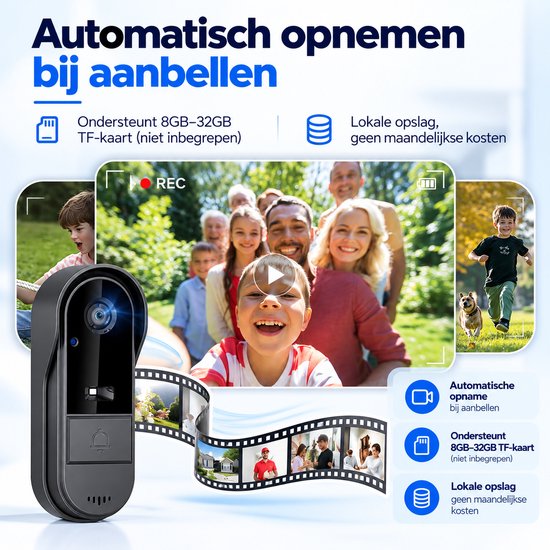 WINNES Draadloze Video deurbel met Camera – 1080P HD, Waterdicht, Geen Abonnement of WiFi Nodig, Geen App Vereist, Tweewegsaudio, 170° Kijkhoek, Nachtzicht, Lokale Opslag — afbeelding 3