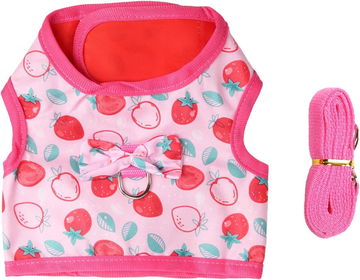 Harnas met Riem, Zacht Polyester en Nylon, Aardbei Patroon, voor Konijnen, Cavia's, Kittens, Kleine Katten, Ratten, Hamsters, Fretten, met Klittenband Sluiting