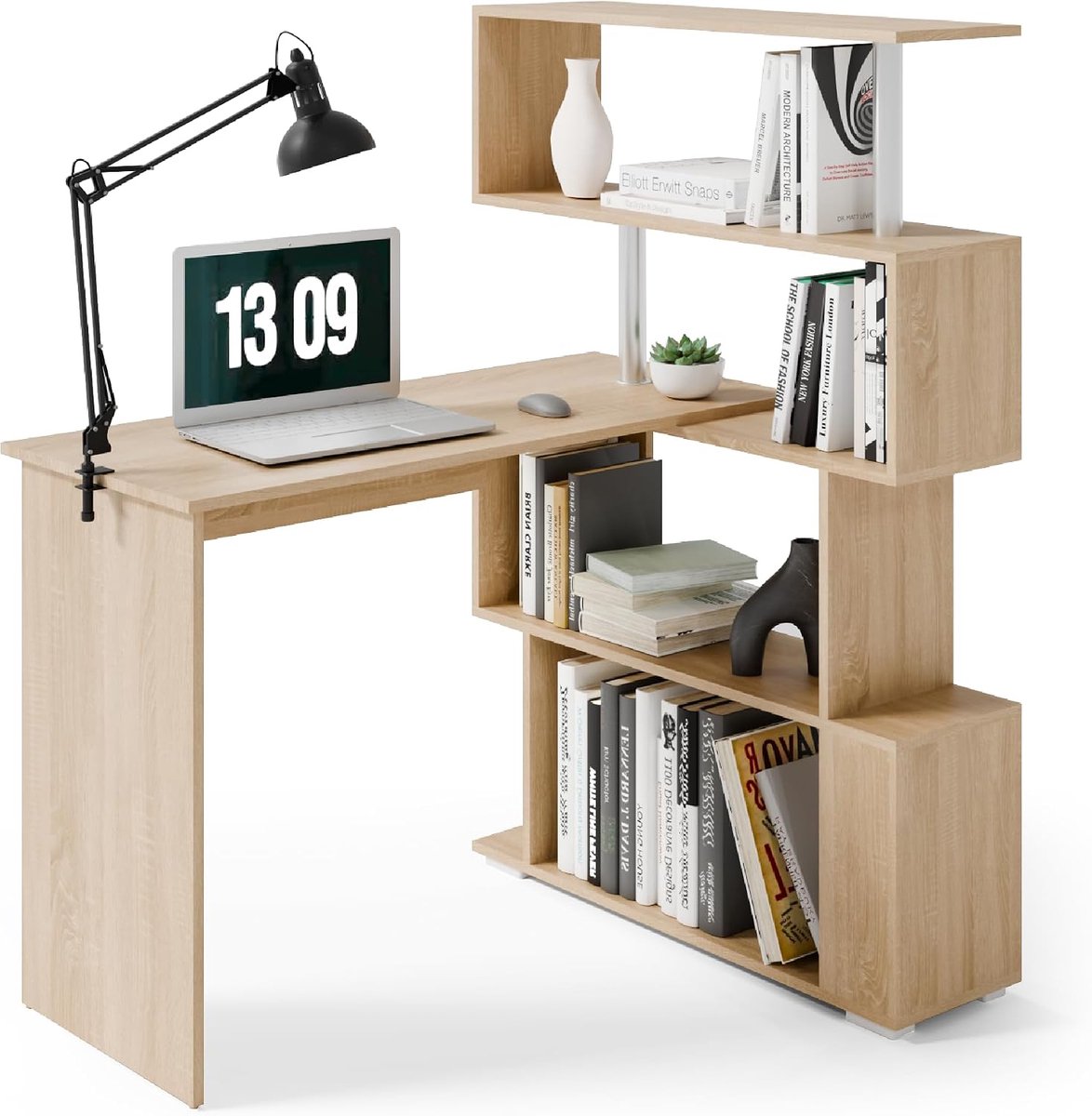 Computertafel, L-vormig, hoekbureau, met 360 graden draaibare boekenkast voor werkkamer, woonkamer, kantoor, 157 x 45 x 130,5 cm, eiken