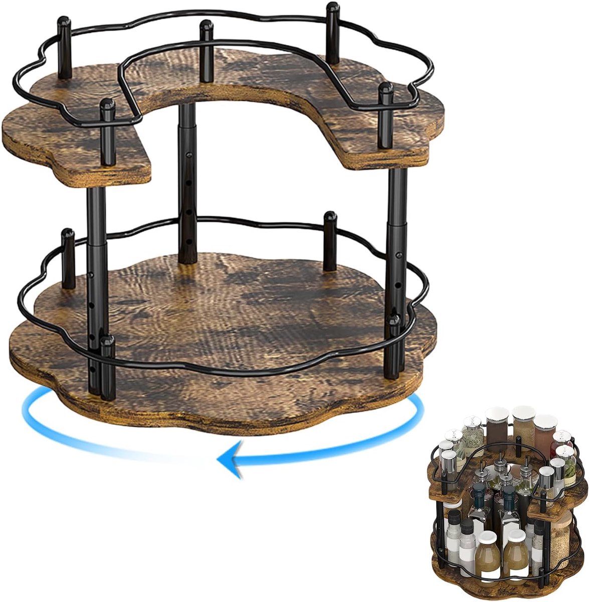 Kruidenorganizer, 2-laags draaibaar houten kruidenrek voor in de kast, keukenplank kruidenorganizer met 4-laags in hoogte verstelbare steunstaaf, keukenplanken met verhoogde relingstructuur