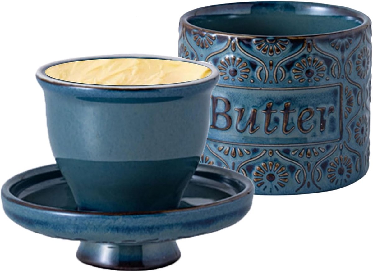 Botervloot, boterklok keramiek, Franse botervloot met waterkoeling, botervlotjes watergekoeld, boterpot porselein voor verse en uitsmeerbare boter (Blauw, 190 g)