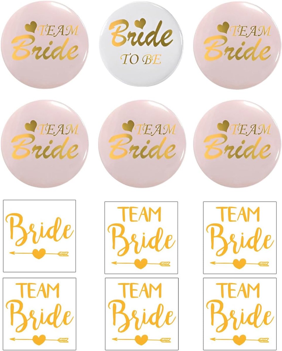 6 stuks JGA Buttons Team Bruid, roze badge voor vrijgezellenfeest vrouwen, perfecte team bride accessoires & party games accessoires en 6 tijdelijke tatoeages (A)
