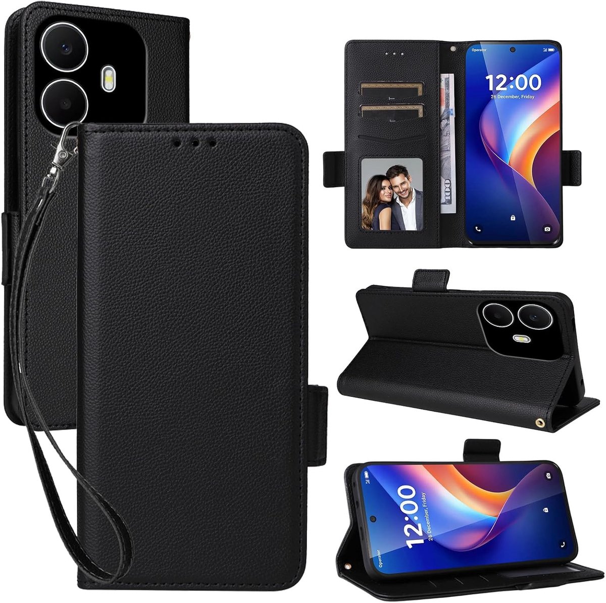 hoes voor TCL K70 4G/K70 Power 4G, telefoonhoes met standfunctie, kaartenvak, premium lederen beschermhoes met tas, portefeuille, magneetsluiting, case, stootvaste klaphoes, zwart