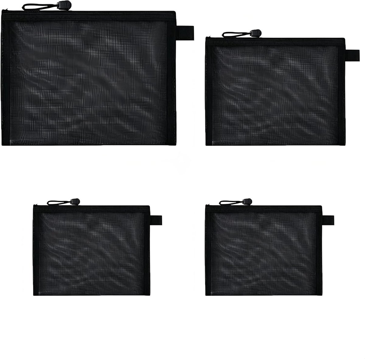 Set van 4 nettassen, 3 maten, mesh-tas met ritssluiting, cosmeticatas, reisorganizer, transparante tas voor make-up, pennen en reisaccessoires, zwart