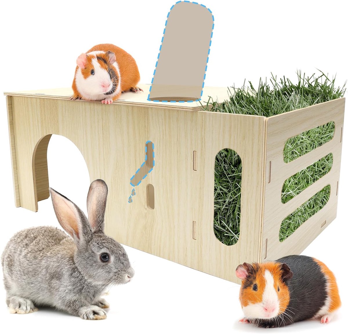 3 in 1 hooiruif voor cavia's, houten accessoires voor cavia's met hooiruif, drinkfleshouder en speelhuisje, 40 x 17 x 24 cm, voor kleine dieren zoals dwergkonijnen, hamsters