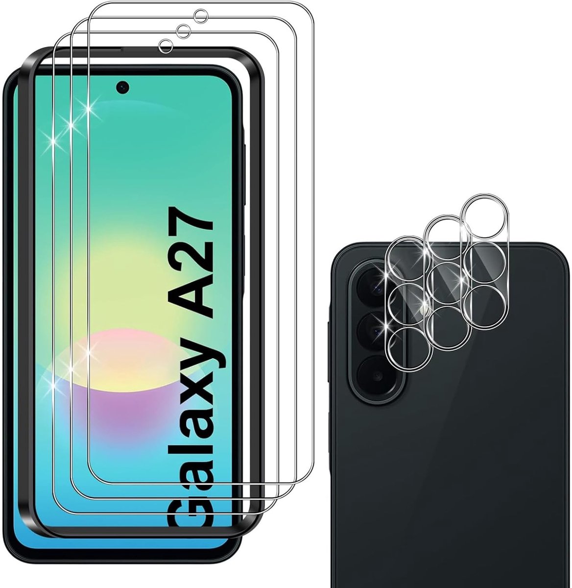 Screen Protector voor Samsung Galaxy A27 5G, 3 stuks pantserbescherming glasfolie met 3 stuks camerabescherming, Beschermglas Anti-kras, Gerhard Glas 9H
