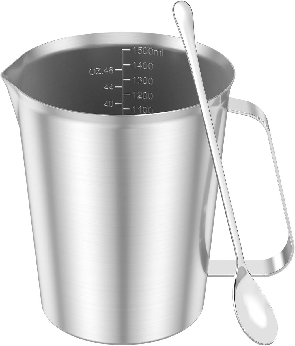 Maatbeker van roestvrij staal, 1000 ml, met fijne schaal, druppelbeschermingsdeksel en handvat, melkkannetje, roestvrijstalen maatbeker met roerlepel, maatbeker voor thuis, keuken, restaurant