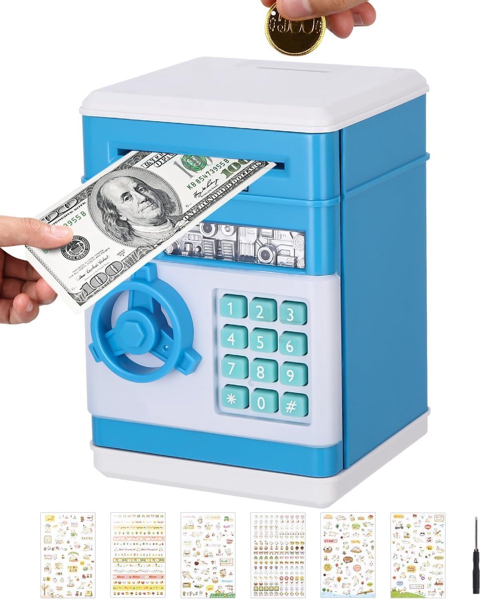 Spaarpot voor Kinderen,ATM Spaarbank Elektronische Spaarpot voor kinderen Wachtwoordgeld Veilig Geldbank voor Kinderen Auto-scroll Cash Verjaardagscadeau Speelgoed voor Jongen Meisje Lichtblauw