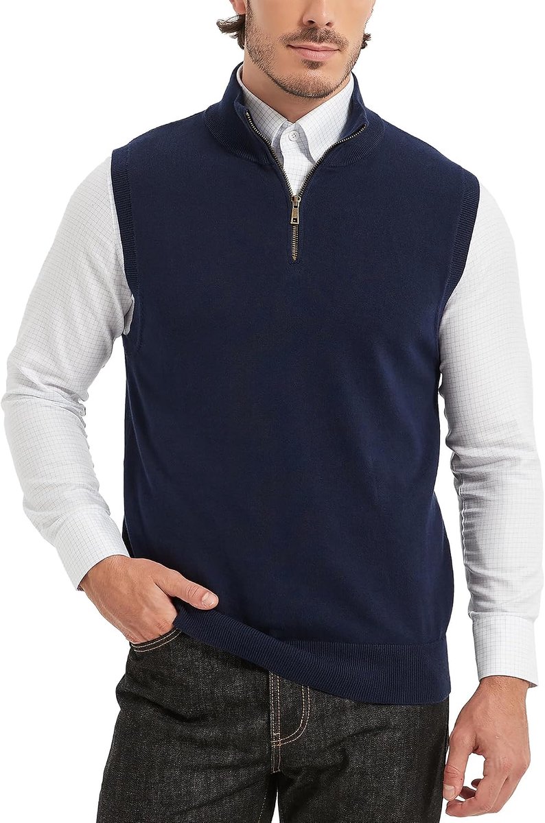 Heren Katoen Quarter Zip Sweater Vest Mouwloos Mock Neck Gebreide Jumper Smart Casual Trui Knitwear