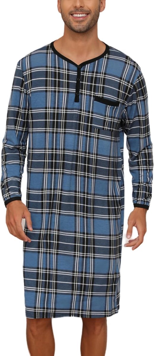 Nachthemd voor heren, katoenen pyjama met lange mouwen, korte mouwen, pyjama-bovenstuk, lang T-shirt, ronde hals met knopen, huiskleding, grote maat, zacht, comfortabel