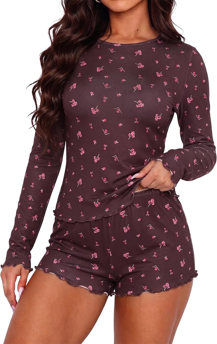 Pyjama voor dames, lange mouwen, shorty, tweedelig met patroon