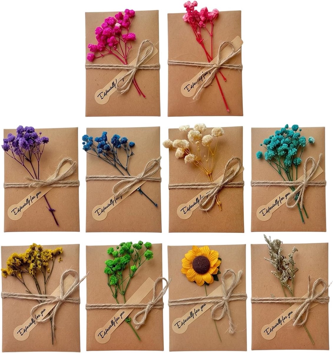 Wenskaarten, gedroogde bloemen, handgemaakt, vintage kraftkaarten, met enveloppen en stickers, bedankkaarten voor verjaardag, Moederdag, bruiloft, leraar