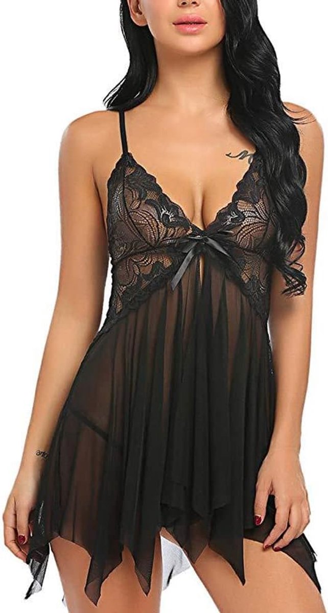 lingerie babydoll nachthemden V-hals van transparant kant ondergoed hollow houder sleepwear nachtkleding exotische pyjama set met G-string