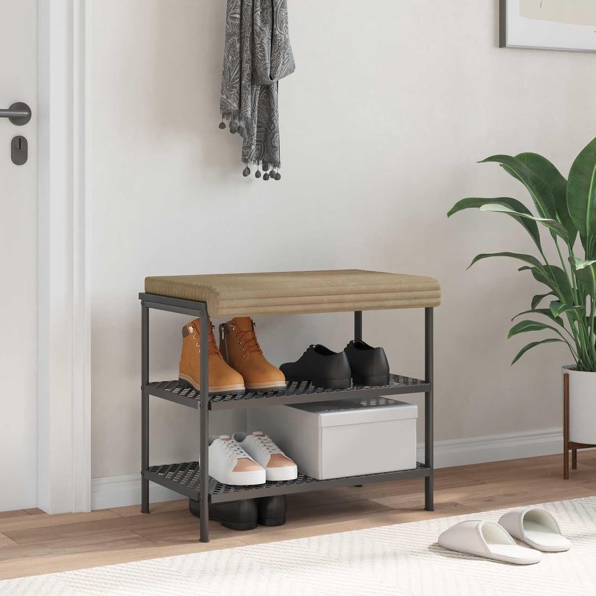 pluche corduroy taupe met houten basis, 35 cm diepte, antislip