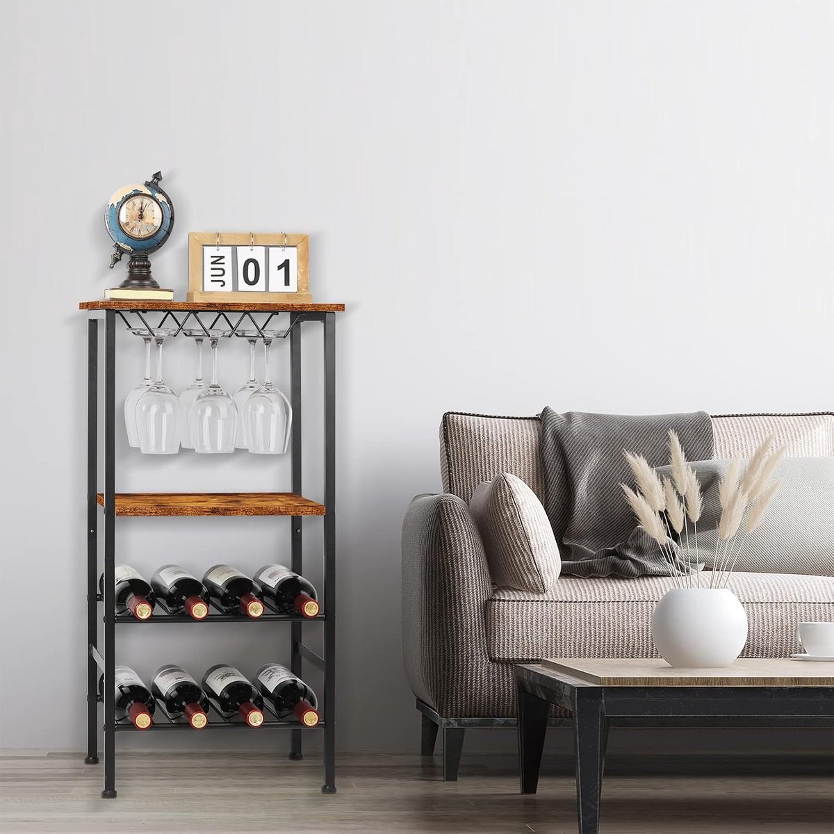 Wijnrek Vrijstaande Vloer Wijnbar Rack met Glazen Houder en Tafelblad 8 Fles Houten Wijntafels Met Rekken 4 Tier Wijnfles Organizer Display Opbergstandaard, Rustiek Bruin — cadeau in Cadeau-ideeën - foto 4