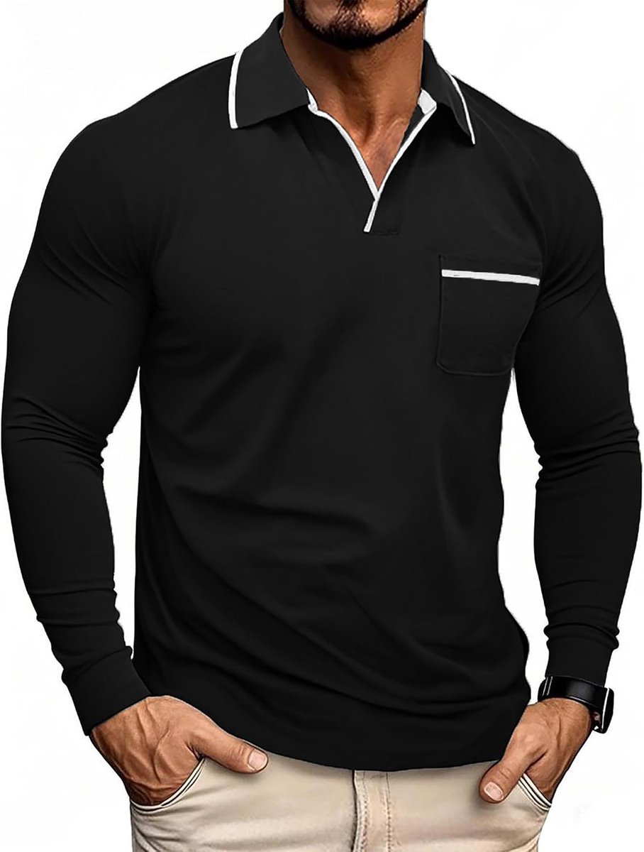 Poloshirts lange mouwen basic T-shirts V-hals casual golf tennis tops met zak M-3XL