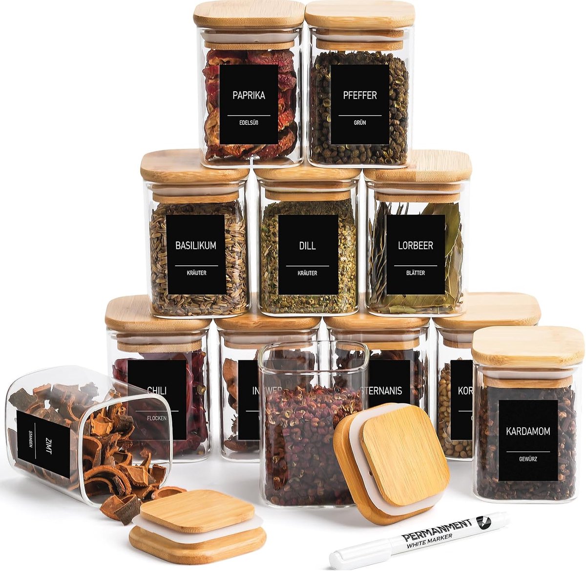 Kruidenpotjes, vierkant, set van 12, glazen voorraaddozen 180 ml, 279 kruidenetiketten, pen, houten deksel, 6 x 6 x 8,5 cm, 12 kruidenpotjes, glazen voor het bewaren van kruiden,