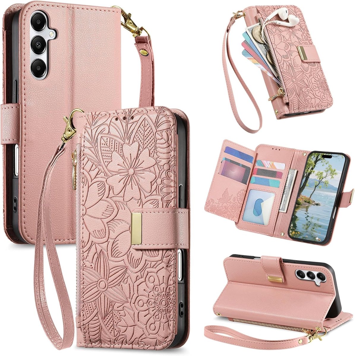 Telefoonhoesje voor Samsung Galaxy S25, PU-lederen opvouwbare standaardfunctie, magnetisch klaphoesje met kaartzak en rits, portemonneehoesje met patroon - roze