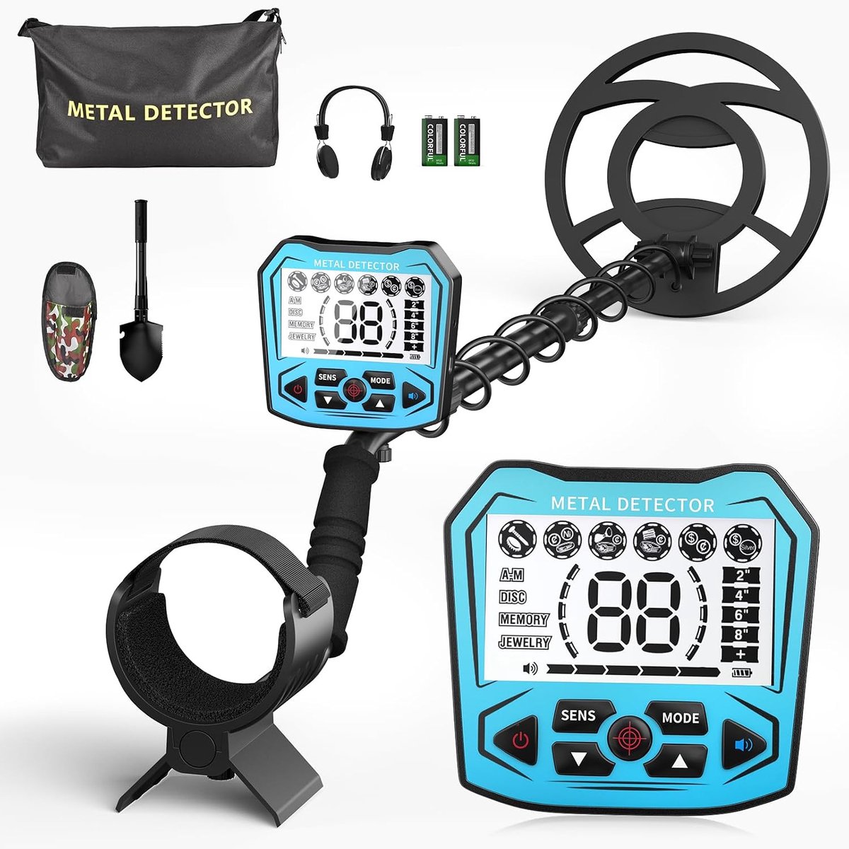 metaaldetector met 2 batterijen, 5 modi, metaaldetector voor volwassenen en kinderen, anti-interferentie-chip, IP68 waterdicht, werkt op batterijen en USB (lichtblauw)