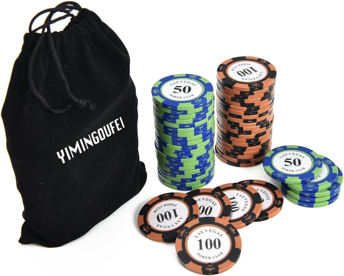 Pokerchips Set - Blauw/Groen en Oranje/Zwart - 50 Stuks - Professionele Klei Composiet - Voor Thuis Pokerspellen