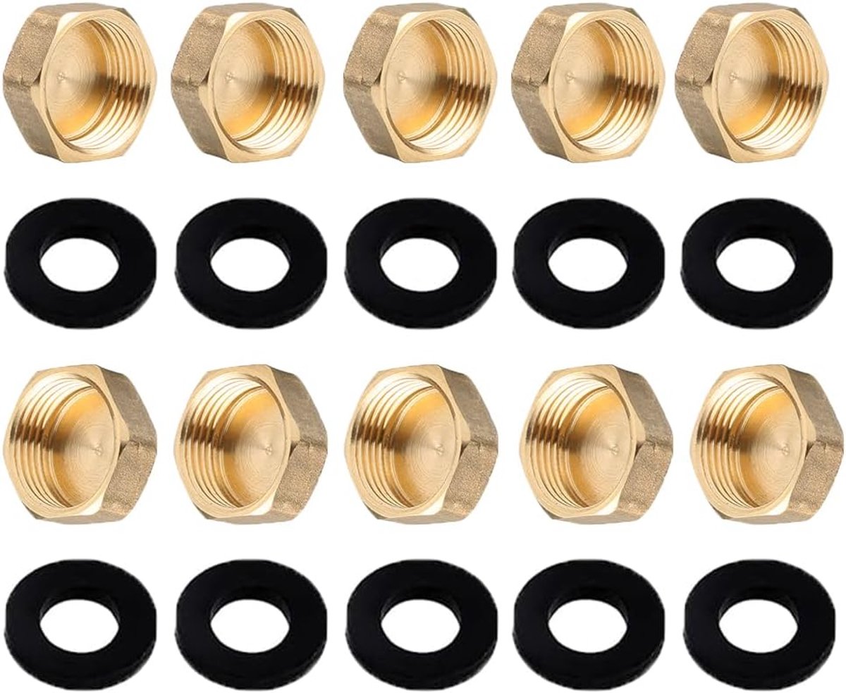 Dailygoods- Messing Dop Set van 10 Stuks - 3/4 Inch Binnendraad - Blinde Stop - Afsluitdop - Eindkap - Inclusief Rubberen Afdichtingen