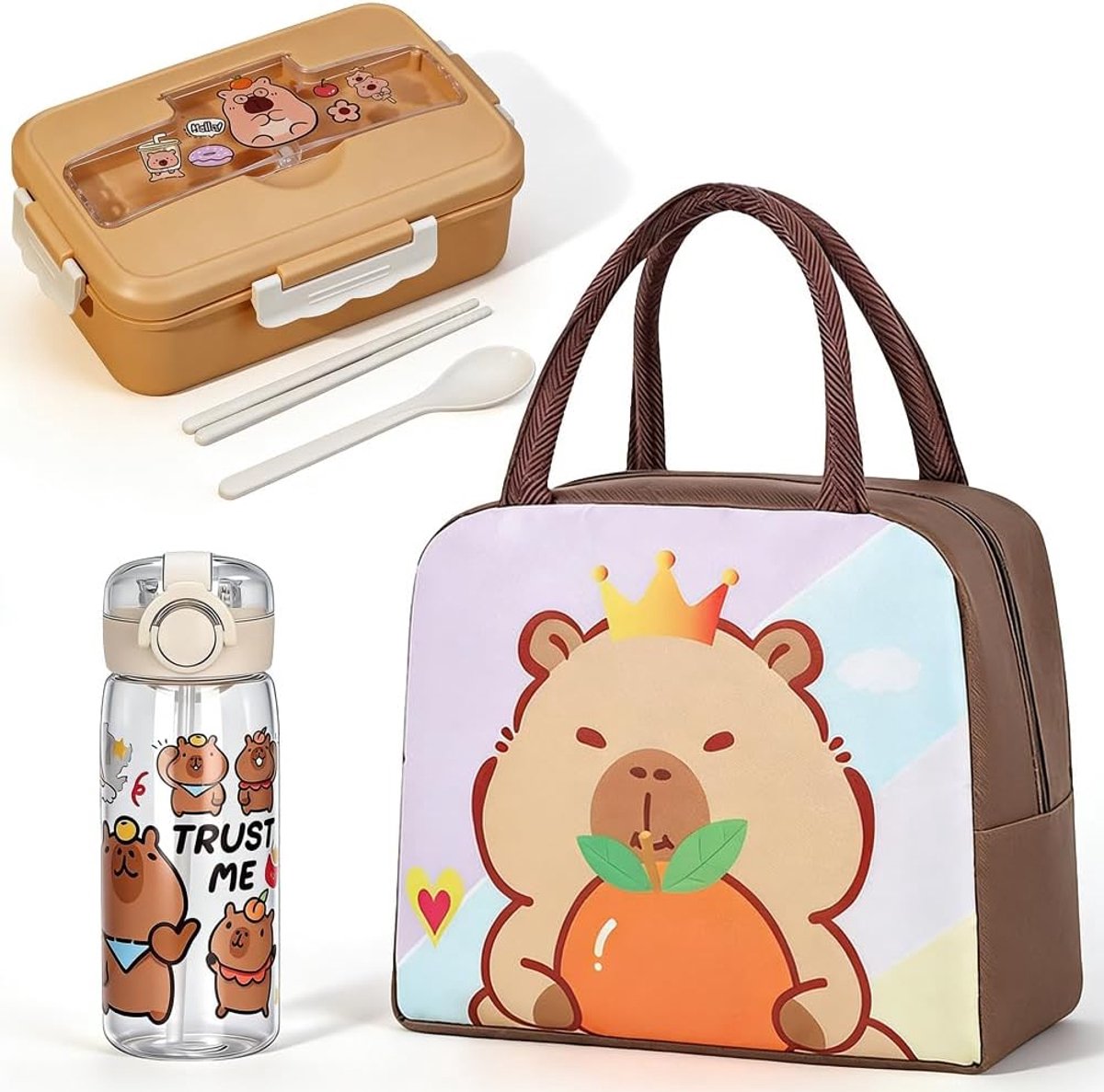 Lunchtas Capybara en geanimeerde Bento Lunchbox, Waterfles, Leuke Capybara, Cartoon Dieren, Lunchbox, Alle Herbruikbare Lunchkoeltas voor School (Capibara met bril)