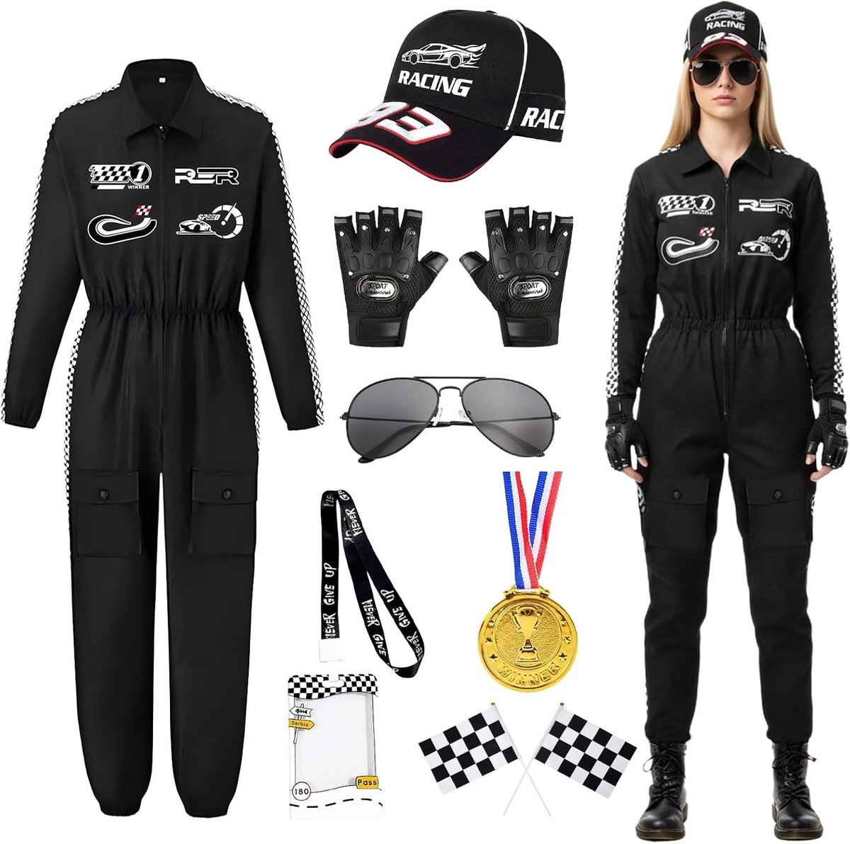 Racer Kostuum - Zwart - M - Compleet Pilotenpak met Handschoenen, Hoed en Zonnebril - Voor Dames