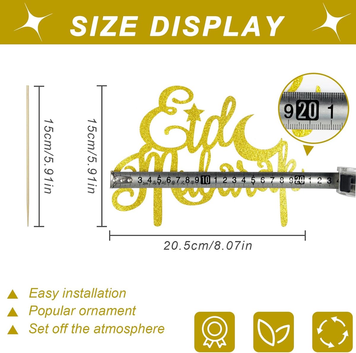 Mubarak Taarttopper Goud Glitter, Cupcake-topper Ramadan Muslim Hajj, Eid-decoratie voor Islamitische Feesten 15x20cm
