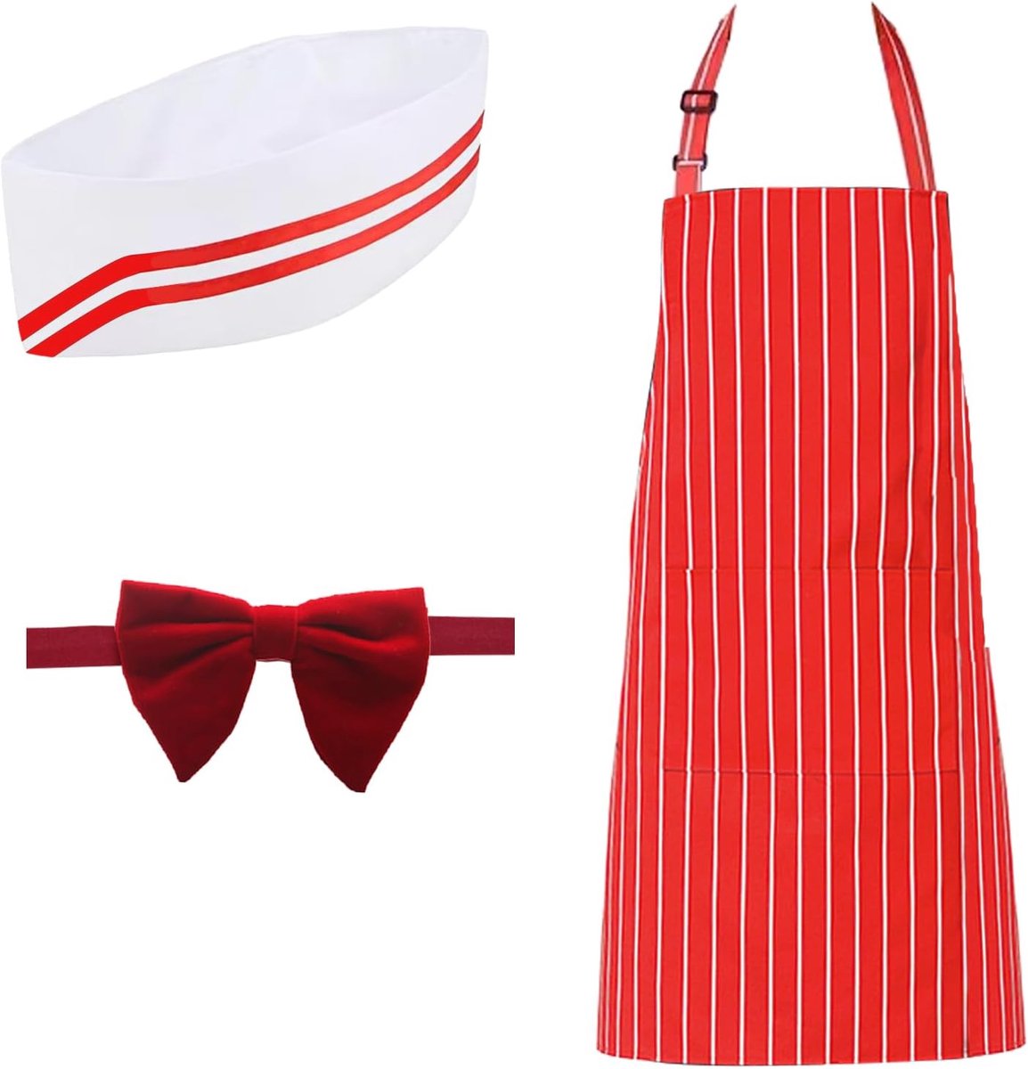 3-delige jaren '50 ober ober kostuum set, soda jerk kostuum kit rood en wit gestreept schort kok hoed rode strik stropdassen instelbaar voor volwassenen kostuum cosplay carnaval circus party Halloween