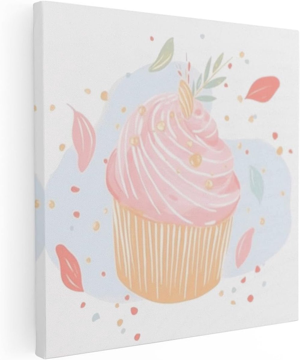 Canvas Schilderij Cupcake - 40x40 cm - Klein - Wanddecoratie Kinderkamer - Muurdecoratie Roze - Schilderij Meisjeskamer - Decoratie Eten